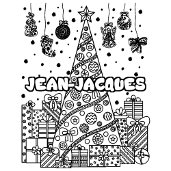 Coloriage pr&eacute;nom JEAN-JACQUES - d&eacute;cor Sapin et Cadeaux