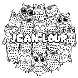 Coloriage prénom JEAN-LOUP - décor Chouettes