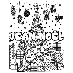 Coloriage prénom JEAN-NOËL - décor Sapin et Cadeaux