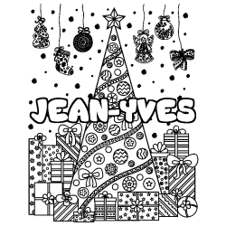 Coloriage prénom JEAN-YVES - décor Sapin et Cadeaux