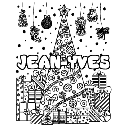 Coloriage pr&eacute;nom JEAN-YVES - d&eacute;cor Sapin et Cadeaux