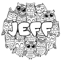 Coloriage prénom JEFF - décor Chouettes