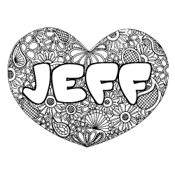 Coloriage prénom JEFF - décor Mandala coeur