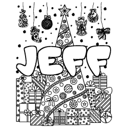 Coloriage prénom JEFF - décor Sapin et Cadeaux