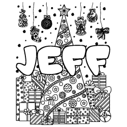Coloriage pr&eacute;nom JEFF - d&eacute;cor Sapin et Cadeaux