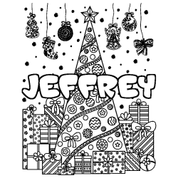 Coloriage prénom JEFFREY - décor Sapin et Cadeaux