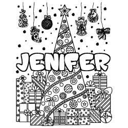 Coloriage pr&eacute;nom JENIFER - d&eacute;cor Sapin et Cadeaux