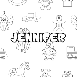 Coloriage pr&eacute;nom JENNIFER - d&eacute;cor Jouets
