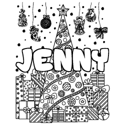 Coloriage prénom JENNY - décor Sapin et Cadeaux