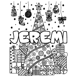 Coloriage prénom JEREMI - décor Sapin et Cadeaux