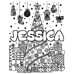 Coloriage prénom JESSICA - décor Sapin et Cadeaux