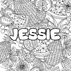 Coloriage pr&eacute;nom JESSIE - d&eacute;cor Mandala fruits