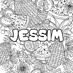 Coloriage pr&eacute;nom JESSIM - d&eacute;cor Mandala fruits