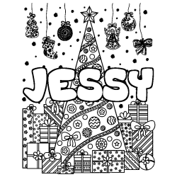 Coloriage prénom JESSY - décor Sapin et Cadeaux