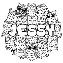Coloriage pr&eacute;nom JESSY - d&eacute;cor Chouettes