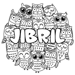 Coloriage pr&eacute;nom JIBRIL - d&eacute;cor Chouettes