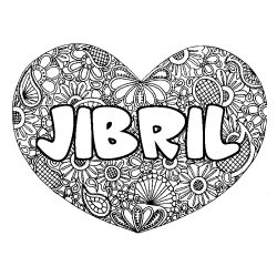 Coloriage prénom JIBRIL - décor Mandala coeur