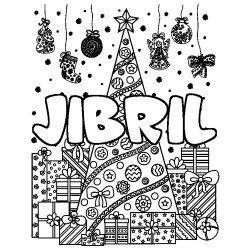 Coloriage prénom JIBRIL - décor Sapin et Cadeaux