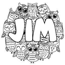 Coloriage pr&eacute;nom JIM - d&eacute;cor Chouettes