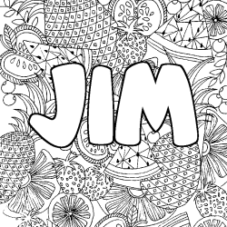 Coloriage pr&eacute;nom JIM - d&eacute;cor Mandala fruits