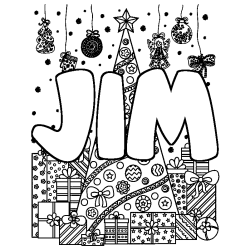 Coloriage pr&eacute;nom JIM - d&eacute;cor Sapin et Cadeaux