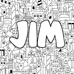 Coloriage pr&eacute;nom JIM - d&eacute;cor Ville