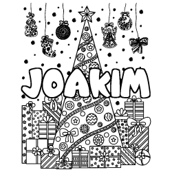 Coloriage prénom JOAKIM - décor Sapin et Cadeaux