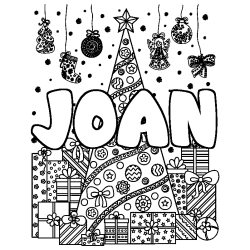 Coloriage prénom JOAN - décor Sapin et Cadeaux