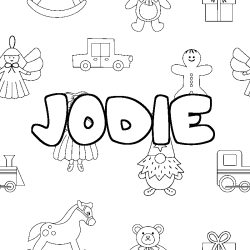 Coloriage pr&eacute;nom JODIE - d&eacute;cor Jouets