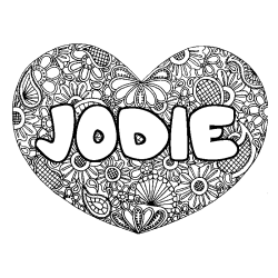 Coloriage pr&eacute;nom JODIE - d&eacute;cor Mandala coeur