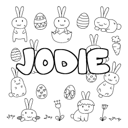 Coloriage pr&eacute;nom JODIE - d&eacute;cor Paques