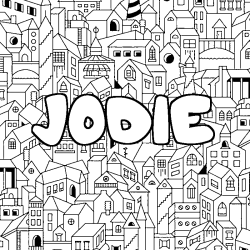 Coloriage pr&eacute;nom JODIE - d&eacute;cor Ville