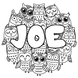 Coloriage pr&eacute;nom JOE - d&eacute;cor Chouettes