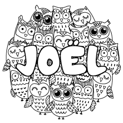 Coloriage pr&eacute;nom JO&Euml;L - d&eacute;cor Chouettes