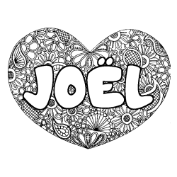 Coloriage pr&eacute;nom JO&Euml;L - d&eacute;cor Mandala coeur