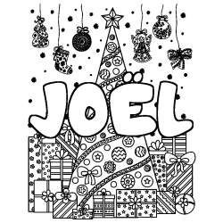 Coloriage pr&eacute;nom JO&Euml;L - d&eacute;cor Sapin et Cadeaux
