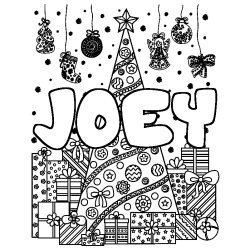 Coloriage prénom JOEY - décor Sapin et Cadeaux