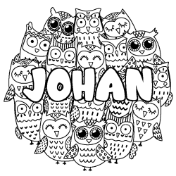 Coloriage prénom JOHAN - décor Chouettes