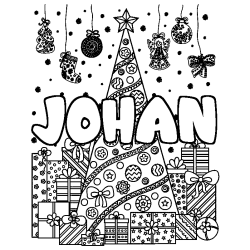Coloriage prénom JOHAN - décor Sapin et Cadeaux