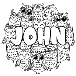 Coloriage pr&eacute;nom JOHN - d&eacute;cor Chouettes