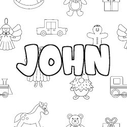 Coloriage pr&eacute;nom JOHN - d&eacute;cor Jouets