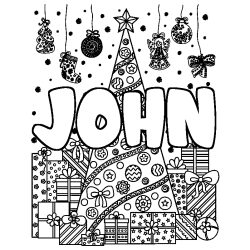 Coloriage pr&eacute;nom JOHN - d&eacute;cor Sapin et Cadeaux