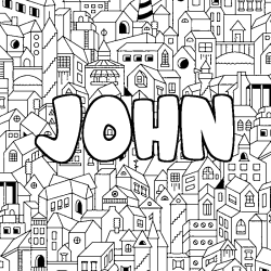 Coloriage pr&eacute;nom JOHN - d&eacute;cor Ville