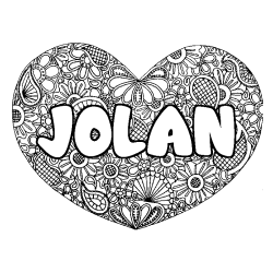 Coloriage pr&eacute;nom JOLAN - d&eacute;cor Mandala coeur