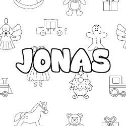 Coloriage prénom JONAS - décor Jouets
