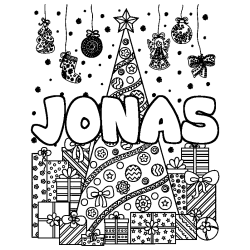 Coloriage prénom JONAS - décor Sapin et Cadeaux