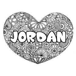 Coloriage pr&eacute;nom JORDAN - d&eacute;cor Mandala coeur