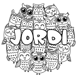 Coloriage pr&eacute;nom JORDI - d&eacute;cor Chouettes