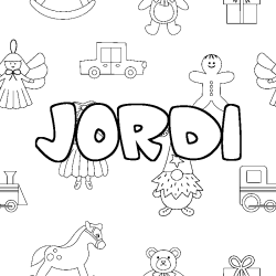 Coloriage pr&eacute;nom JORDI - d&eacute;cor Jouets