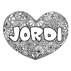Coloriage pr&eacute;nom JORDI - d&eacute;cor Mandala coeur